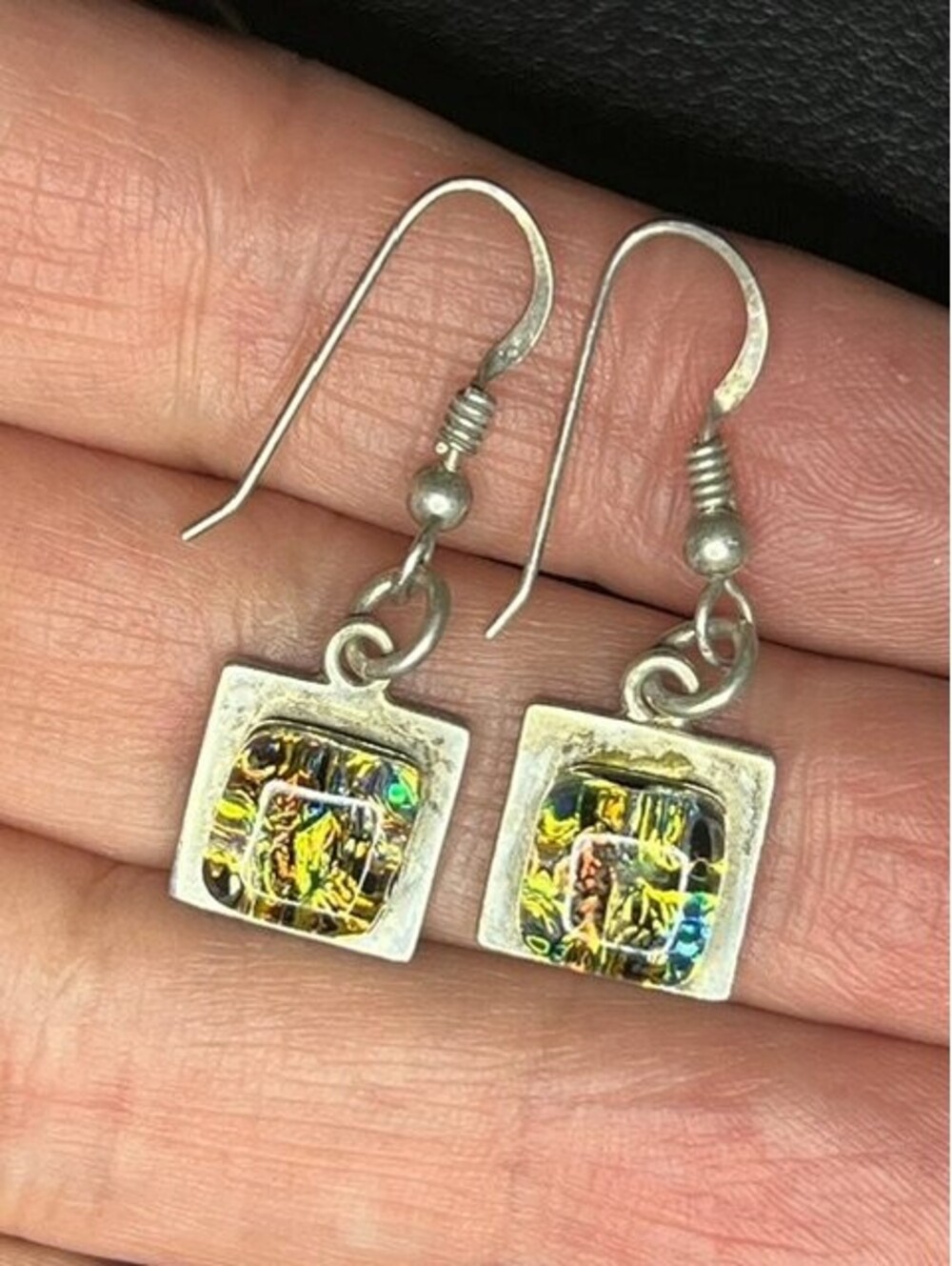 B7388 Sterling Silver Dichroic Glass Dangle Earrings Approx 1.5" Drop 6.2g